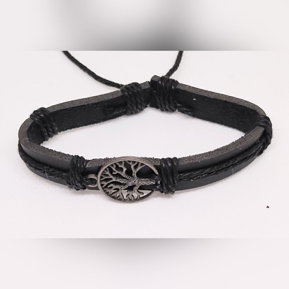 Men's bracelet leather Tree of life black‎ new d96